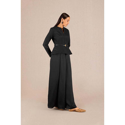 AMPM Rifat Black Textured Jacket with Palazzo and Belt (Set of 3)