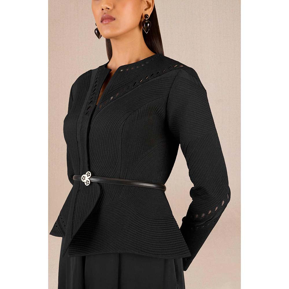AMPM Rifat Black Textured Jacket with Palazzo and Belt (Set of 3)