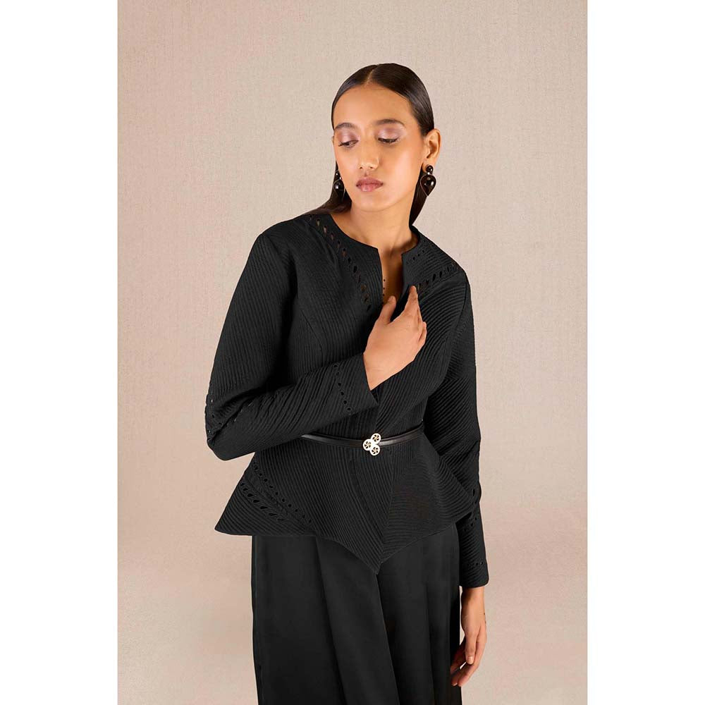 AMPM Rifat Black Textured Jacket with Palazzo and Belt (Set of 3)