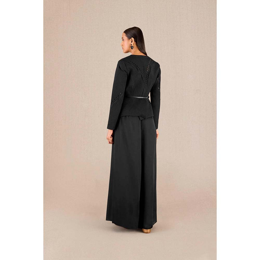 AMPM Rifat Black Textured Jacket with Palazzo and Belt (Set of 3)
