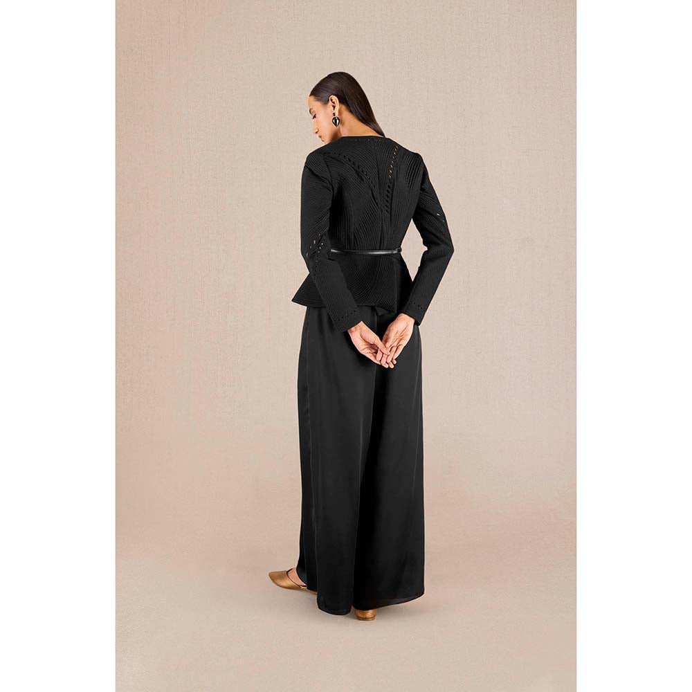 AMPM Rifat Black Textured Jacket with Palazzo and Belt (Set of 3)