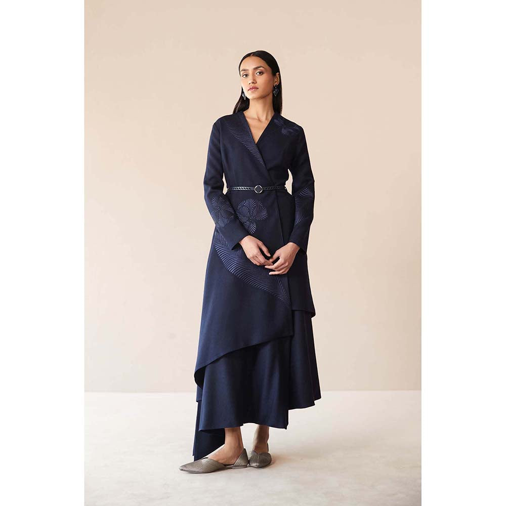 AMPM Navy Blue Marwa Jacket with Top, Skirt and Belt (Set of 4)