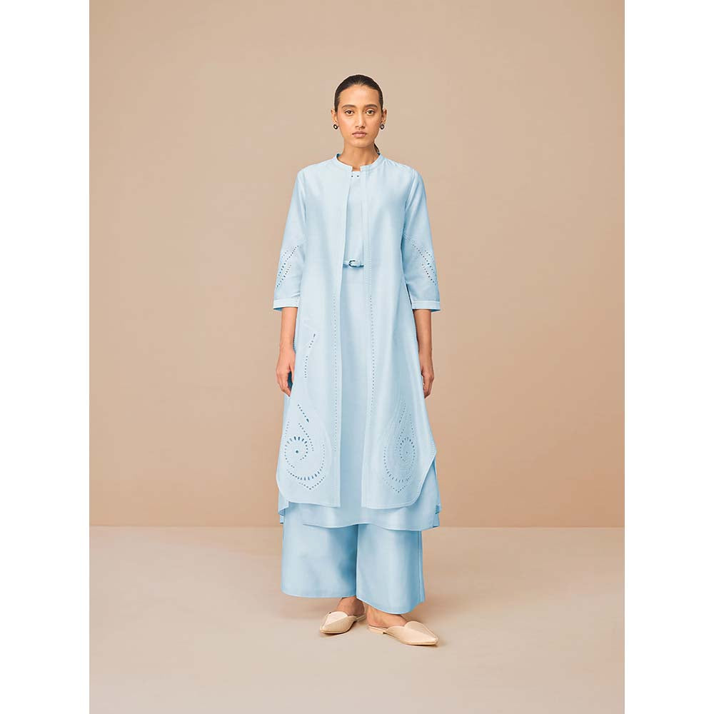 AMPM Ice Blue Anais Self Design Jacket with Kurta Belt and Palazzo (Set of 4)