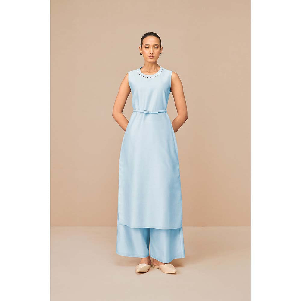 AMPM Ice Blue Anais Self Design Jacket with Kurta Belt and Palazzo (Set of 4)