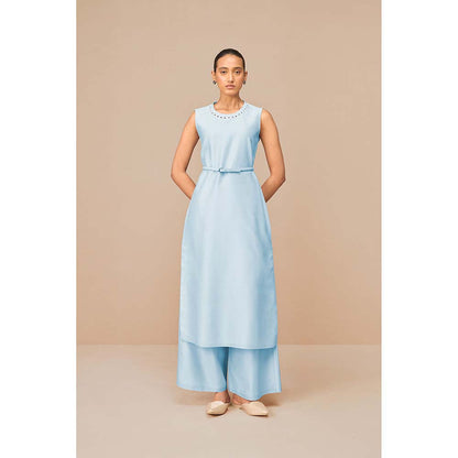 AMPM Ice Blue Anais Self Design Jacket with Kurta Belt and Palazzo (Set of 4)