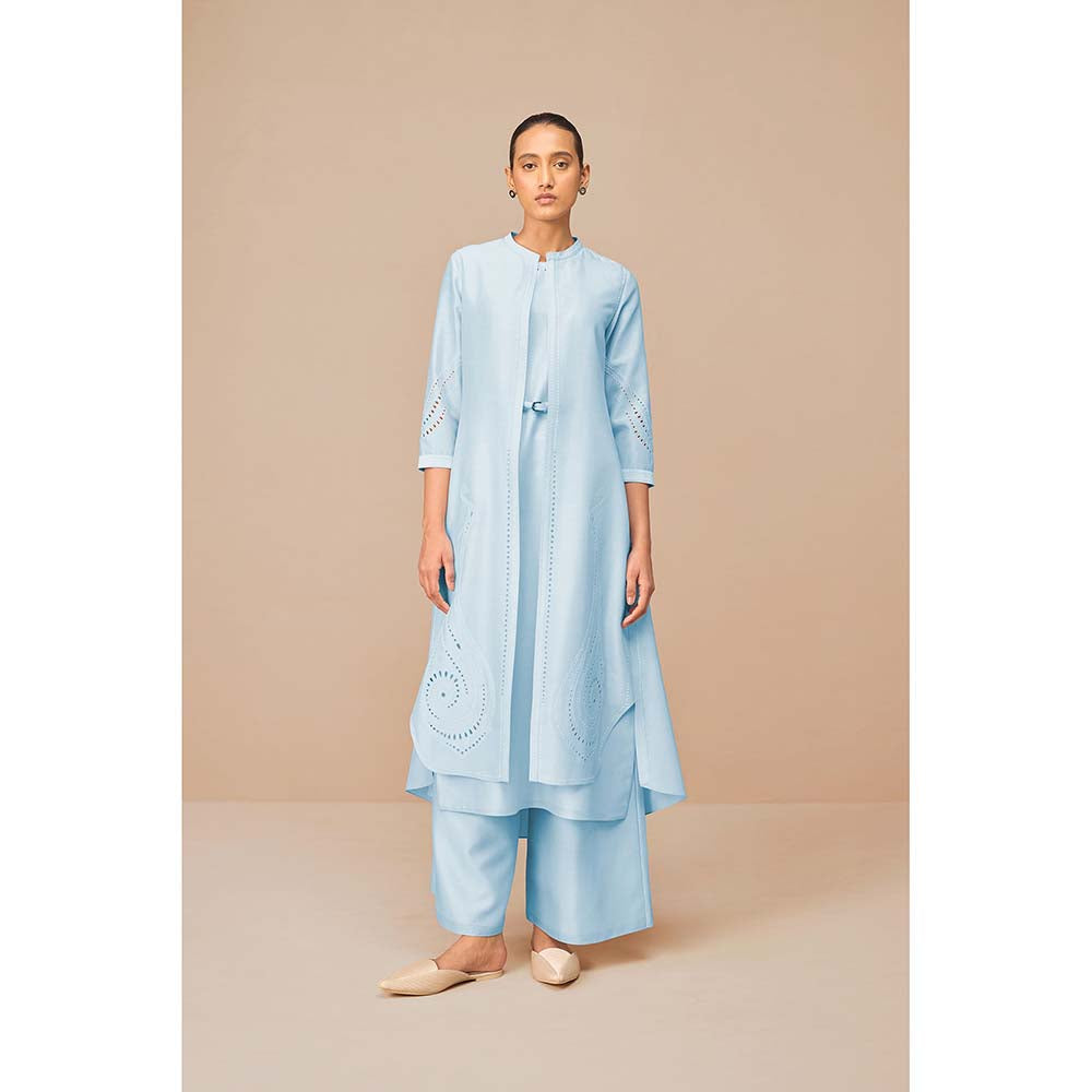 AMPM Ice Blue Anais Self Design Jacket with Kurta Belt and Palazzo (Set of 4)
