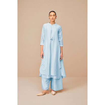 AMPM Ice Blue Anais Self Design Jacket with Kurta Belt and Palazzo (Set of 4)