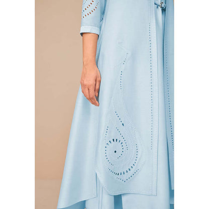 AMPM Ice Blue Anais Self Design Jacket with Kurta Belt and Palazzo (Set of 4)