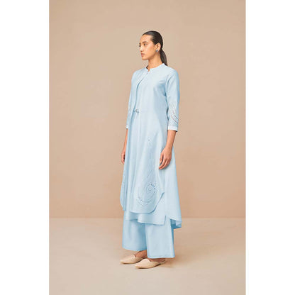 AMPM Ice Blue Anais Self Design Jacket with Kurta Belt and Palazzo (Set of 4)