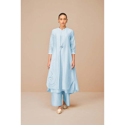 AMPM Ice Blue Anais Self Design Jacket with Kurta Belt and Palazzo (Set of 4)