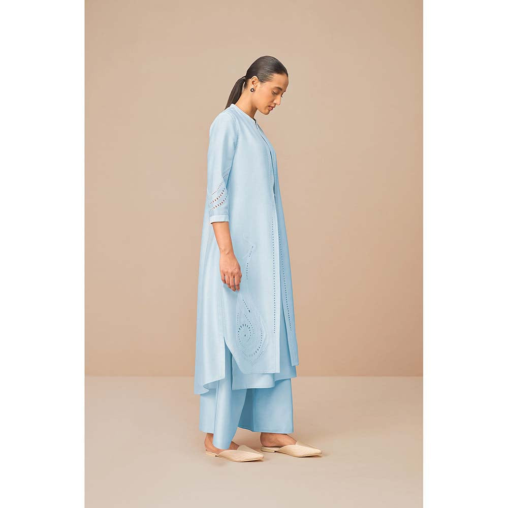 AMPM Ice Blue Anais Self Design Jacket with Kurta Belt and Palazzo (Set of 4)