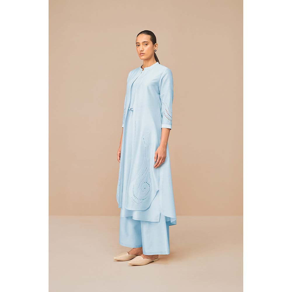 AMPM Ice Blue Anais Self Design Jacket with Kurta Belt and Palazzo (Set of 4)