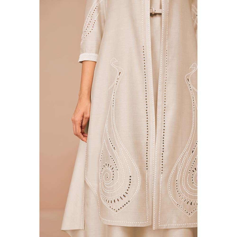 AMPM Beige Anais Self Design Jacket with Kurta Belt and Palazzo (Set of 4)