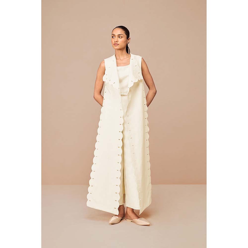 AMPM White Cleo Solid Jacket with Kurta Belt and Pant (Set of 4)