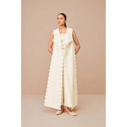 AMPM White Cleo Solid Jacket with Kurta Belt and Pant (Set of 4)