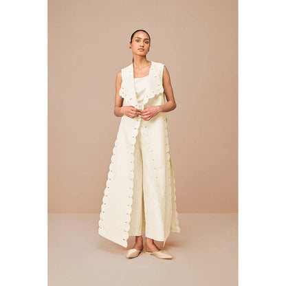 AMPM White Cleo Solid Jacket with Kurta Belt and Pant (Set of 4)