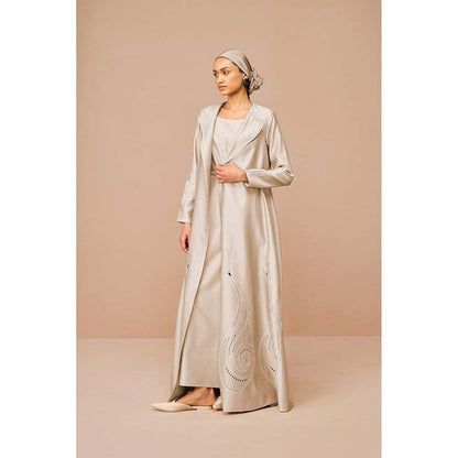 AMPM Beige Raysa Self Design Jacket with Inner and Belt (Set of 3)