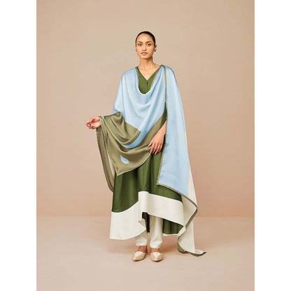 AMPM Tasia Olive Colorblock Kurta with Pant and Dupatta (Set of 3)