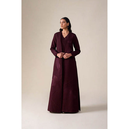 AMPM Burgundy V-Neck Floral Abaya Maxi Dress with Inner