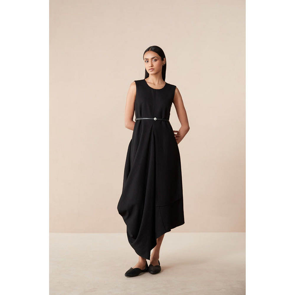 AMPM Arzu Black Solid Midi Dress with Belt