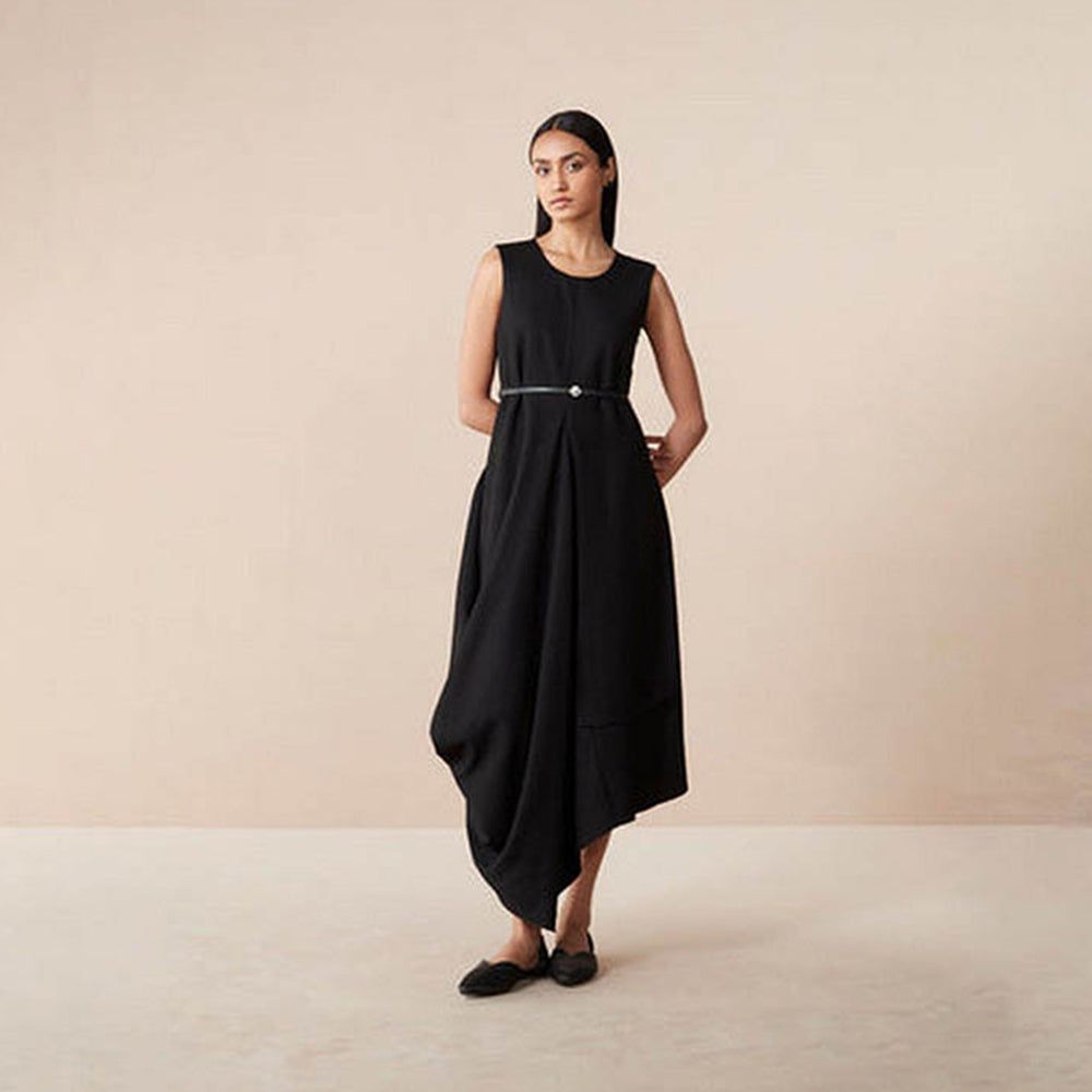 AMPM Arzu Black Solid Midi Dress with Belt