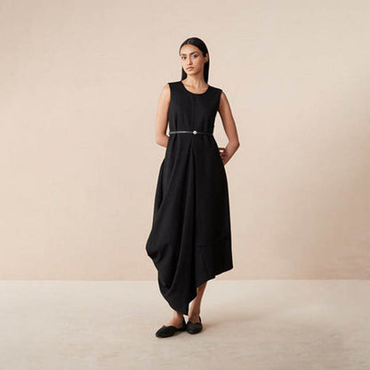 AMPM Arzu Black Solid Midi Dress with Belt