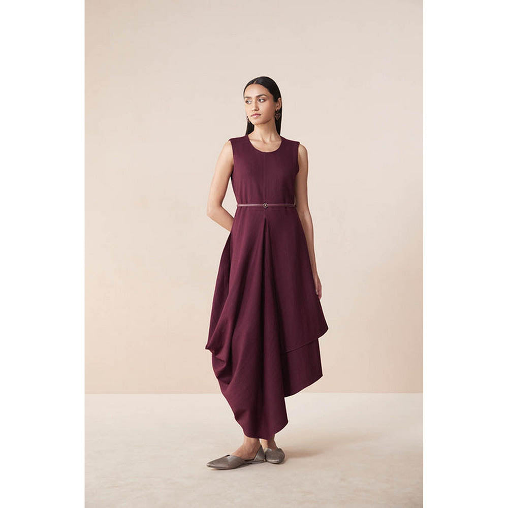 AMPM Arzu Burgundy Solid Midi Dress with Belt