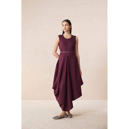 AMPM Arzu Burgundy Solid Midi Dress with Belt