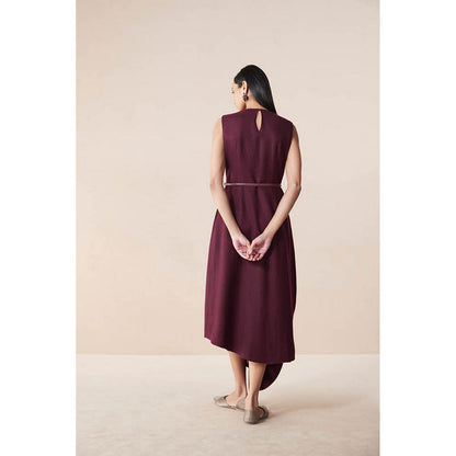 AMPM Arzu Burgundy Solid Midi Dress with Belt