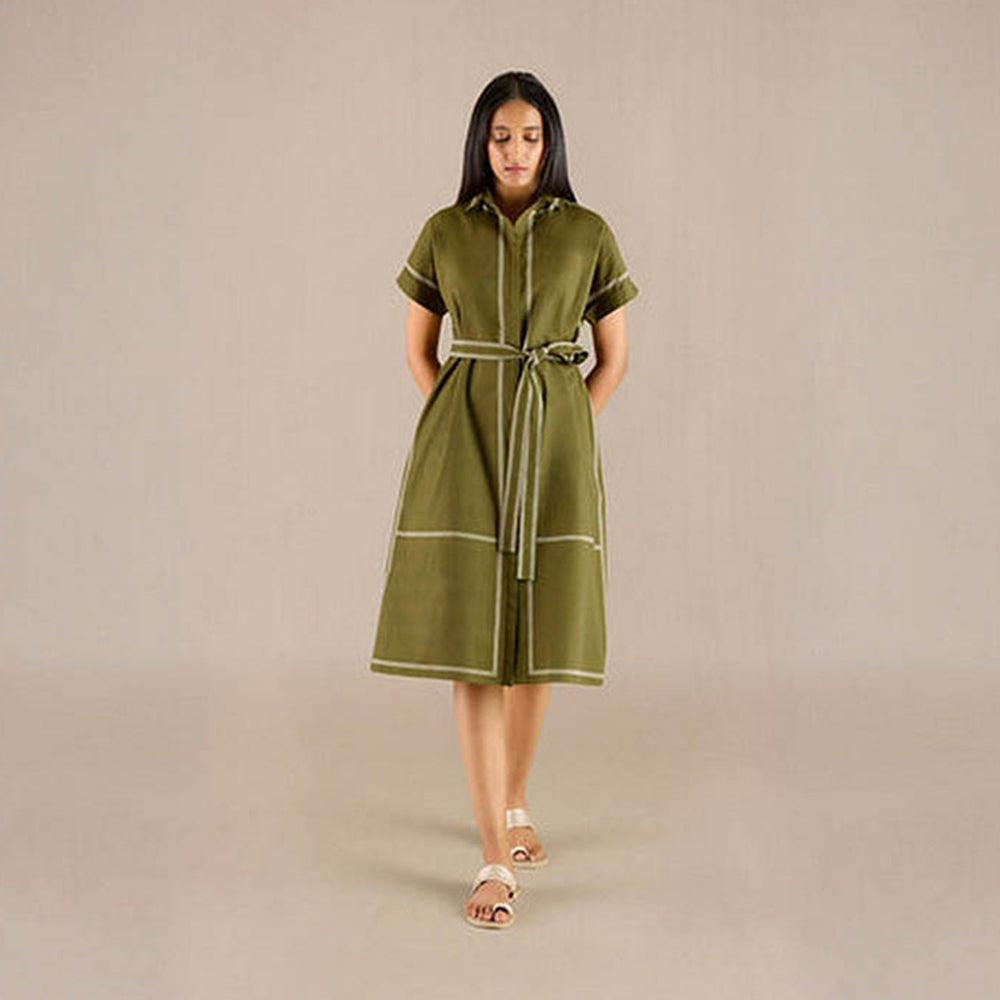 AMPM Adya Green Stripes Knee Length Dress with Belt
