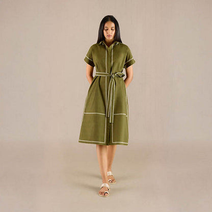 AMPM Adya Green Stripes Knee Length Dress with Belt