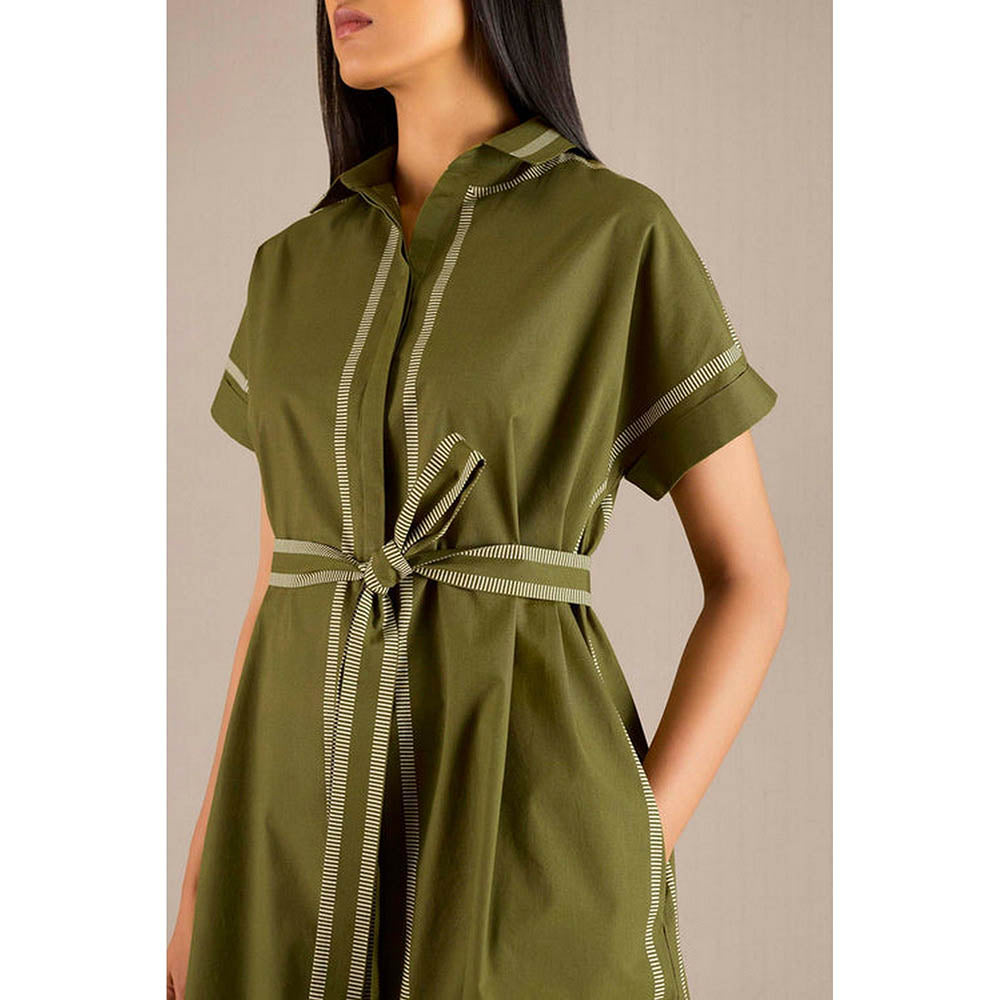 AMPM Adya Green Stripes Knee Length Dress with Belt
