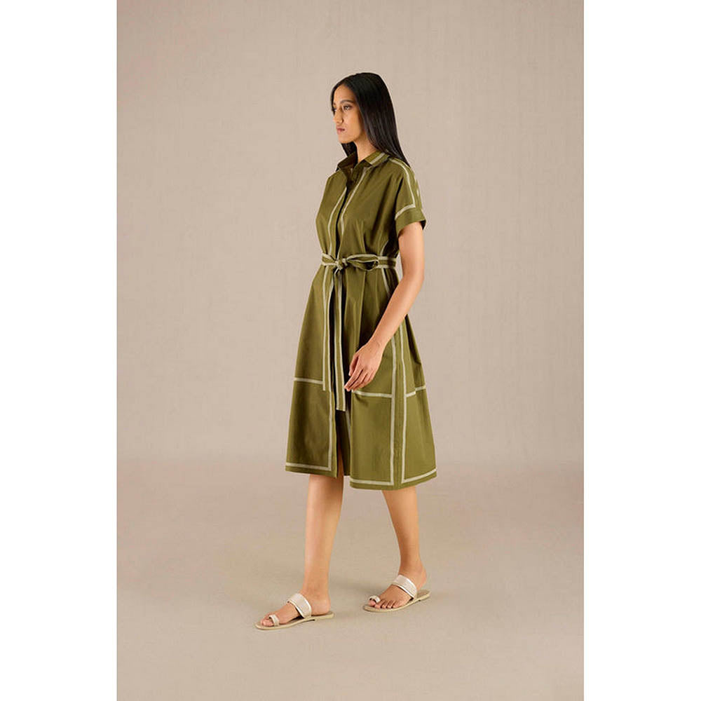 AMPM Adya Green Stripes Knee Length Dress with Belt