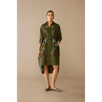 AMPM Viola Olive Floral Midi Dress with Belt