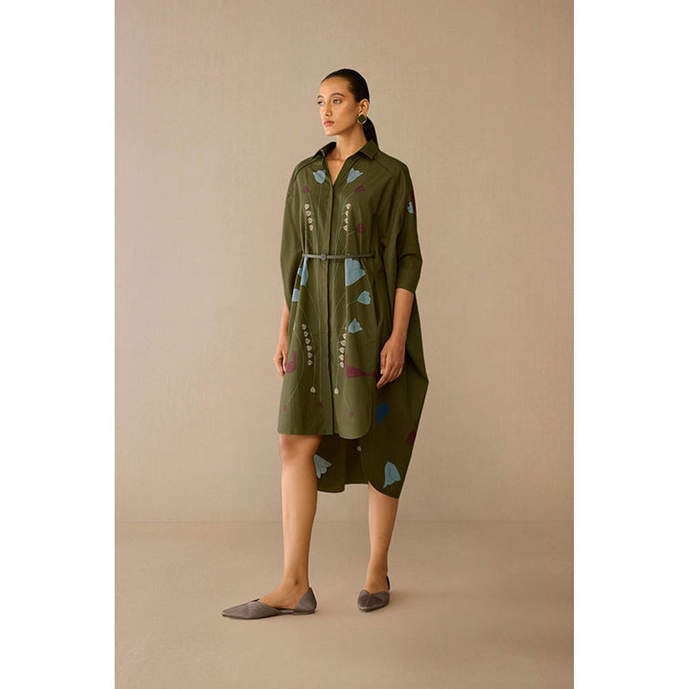 AMPM Viola Olive Floral Midi Dress with Belt