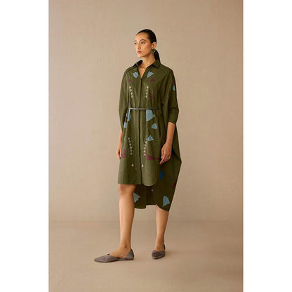AMPM Viola Olive Floral Midi Dress with Belt