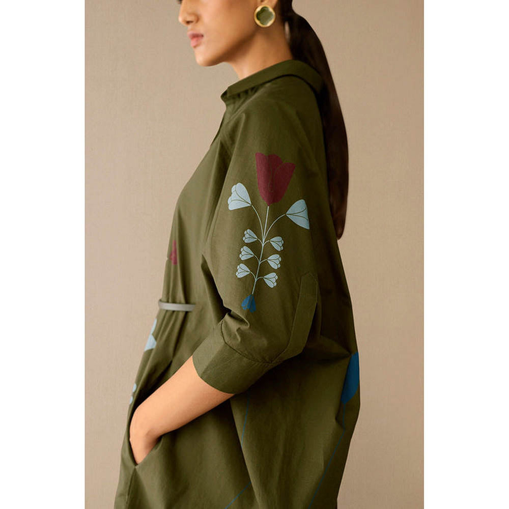 AMPM Viola Olive Floral Midi Dress with Belt