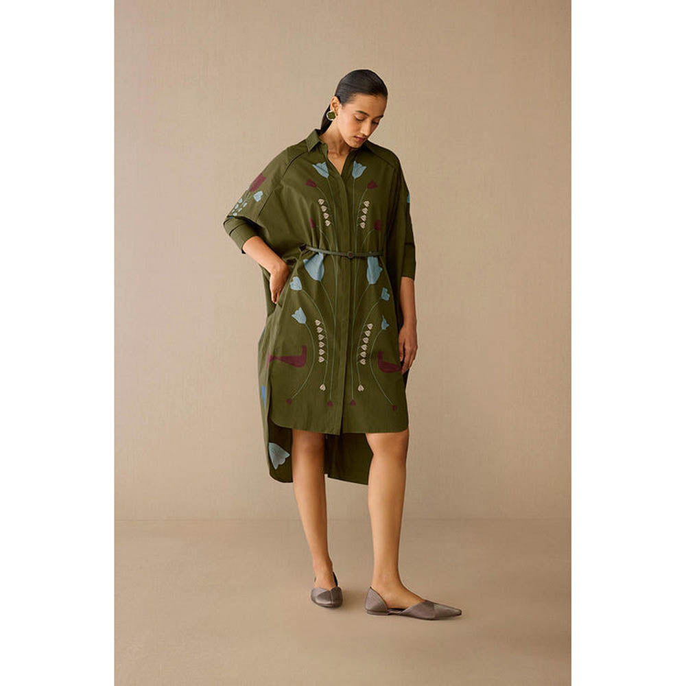 AMPM Viola Olive Floral Midi Dress with Belt