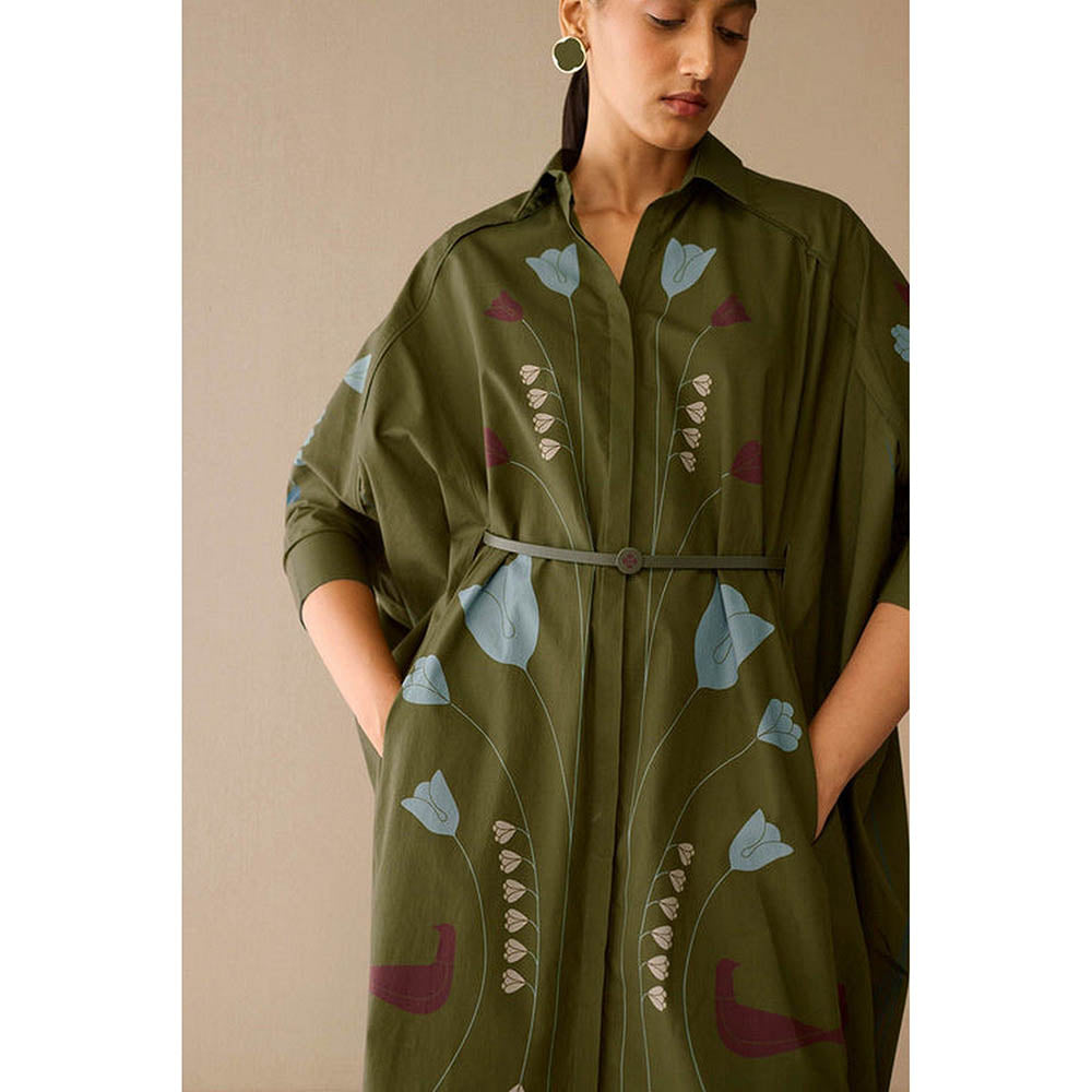 AMPM Viola Olive Floral Midi Dress with Belt