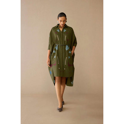 AMPM Viola Olive Floral Midi Dress with Belt