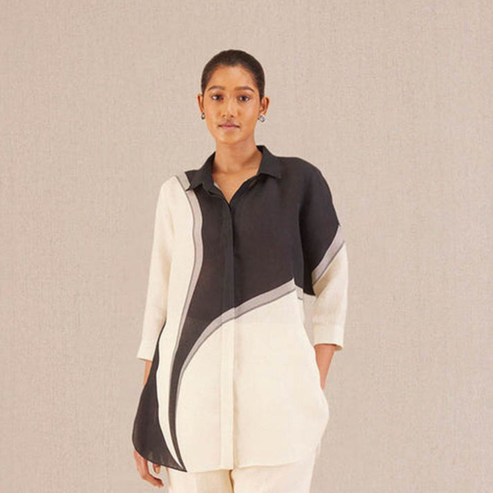 AMPM Multi-Color Linen Colorblock Collar Neck Shirt
