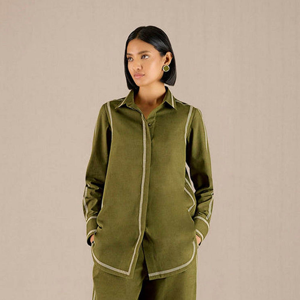 AMPM Green Khadi Stripes Collar Neck Shirt