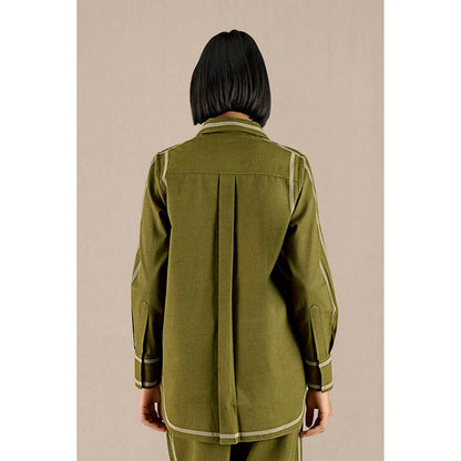 AMPM Green Khadi Stripes Collar Neck Shirt