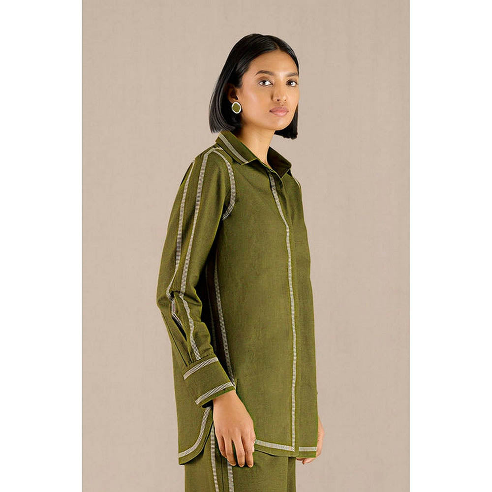 AMPM Green Khadi Stripes Collar Neck Shirt