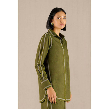 AMPM Green Khadi Stripes Collar Neck Shirt