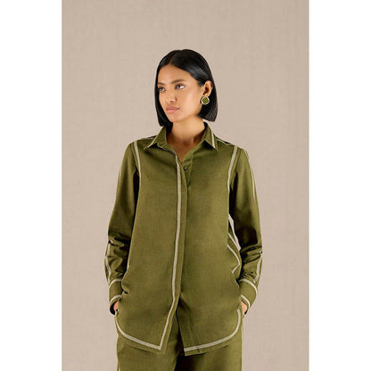 AMPM Green Khadi Stripes Collar Neck Shirt