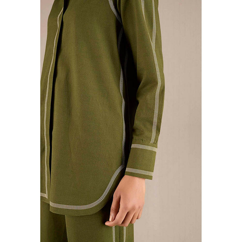 AMPM Green Khadi Stripes Collar Neck Shirt
