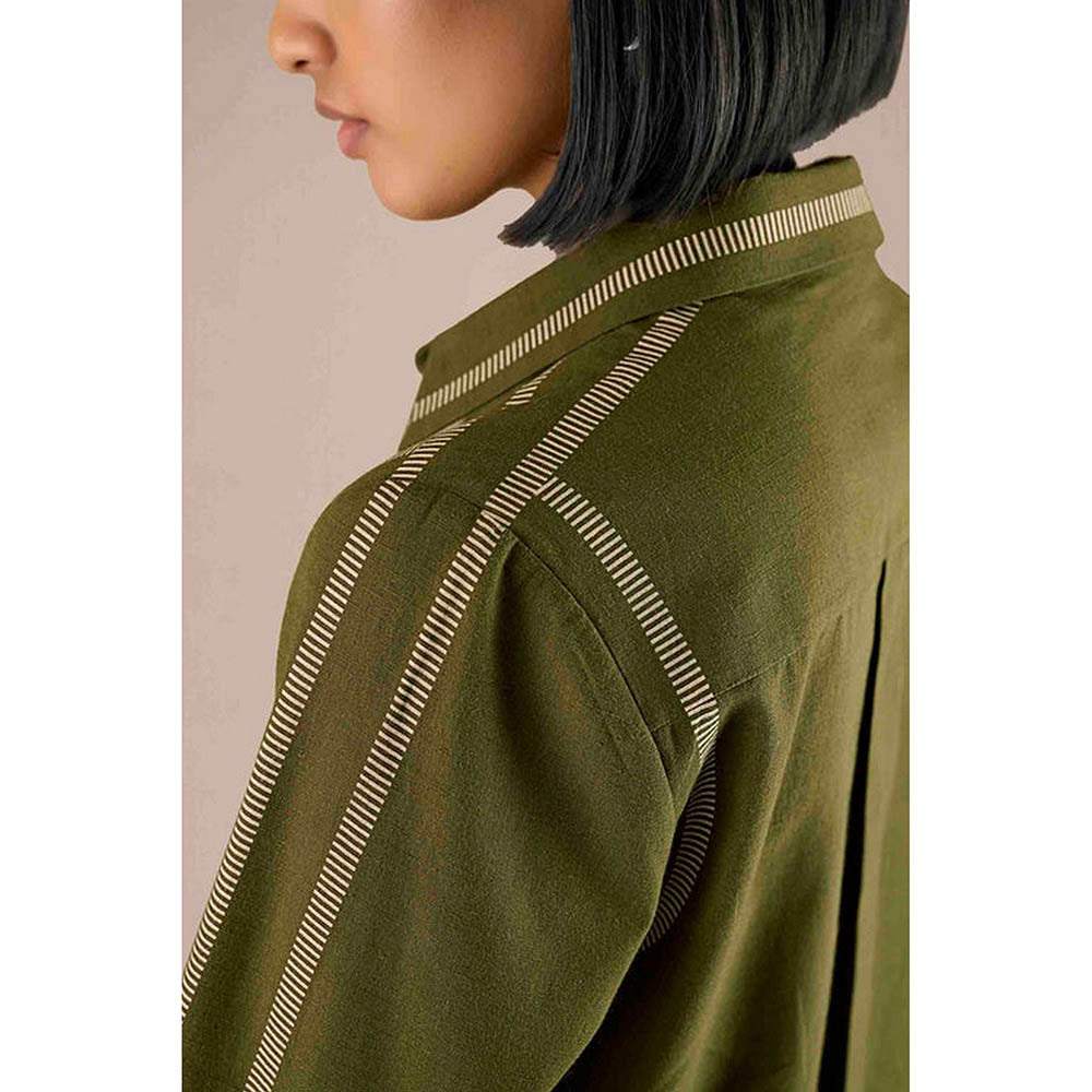 AMPM Green Khadi Stripes Collar Neck Shirt