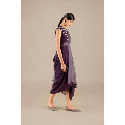 AMPM Abha Purple Pre-Draped Saree With Attached Stitched Blouse And Belt