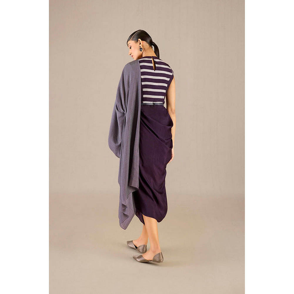 AMPM Abha Purple Pre-Draped Saree With Attached Stitched Blouse And Belt